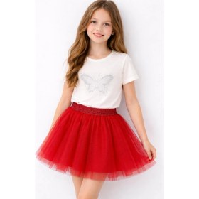 Resim Beu Kids Kız Çocuk Tütü Etek Simli Lastikli Belli Pamuk Astarlı, 5-10 Yaş, Kırmızı & Beyaz 