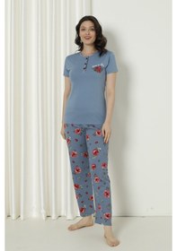 Resim Wordex Mirano 4126 Pamuklu Kısa Kollu Çiçekli Kadın Pijama Takımı Mavi 