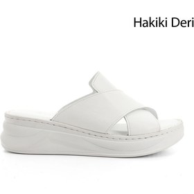 Resim GÖNDERİ(R) Kadın / Kız Beyaz Çapraz Bantlı Dolgu Topuklu Hakiki Deri Comfort Terlik 