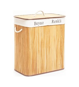 Resim Dikdörtgen İki Bölmeli İç Bez Bambu Ahşap Kirli Çamaşır Sepeti İp Kulp 52x32x62cm 4989 Çok Renkli 