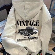 Resim Kadınlar İçin Vintage Araba Desenli Kapüşonlu Sweatshirt - Retro "Keep Classic Alive" Baskı, Kanguru Cebi, Açık Gri Kışlık Kazak, Sonbahar/Kış Giyim, Rahat Kesim, Yumuşak Kumaş, Streetwear Tutkunları 
