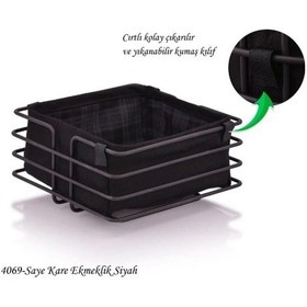 Resim Metal Ekmeklik Siyah Şeritli Siyah Kumaş Kare Ekmek Sepeti Siyah 