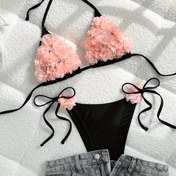 Resim 2025 Yeni Pembe 3D Çiçekli Düz Renk Seksi Bikini Mayo Kadınlar için Avrupa Tarzı 