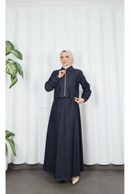 Resim HNT Hayrunnisa Tesettür Ceketli Jile Elbise Tansel Kot Takım Lacivert HNT8552 