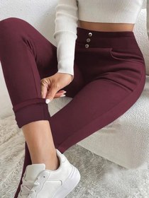 Resim Kadın Yüksek Bel Cepli Düğmeli şardonlu Dalgıç Tayt Pantolon - Bordo / L-XL 
