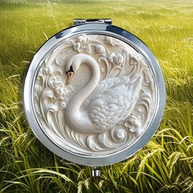 Resim Şık Rococo Kabuk Kuğu Tasarımı Katlanabilir Makyaj Aynası - 1x/2x Büyütme, Metal Çerçeveli Taşınabilir Kompakt Seyahat Aynası, Cüzdan ve Günlük Kullanım İçin İdeal, Makyaj Aynası, Dekoratif Aynası, İnce El Sanatları 