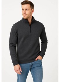 Resim Barlashive Erkek Dik Yaka Yarım Fermuarlı 3 İplik Pamuklu Sweatshirt - Antrasit Çok Renkli 