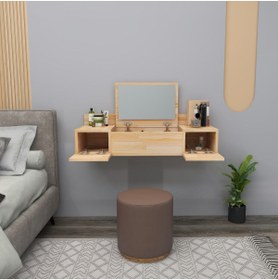 Resim WOODFACE Naturel Masif Ahşap Masif Aynalı Makyaj Masası Duvara Monte 2 Raflı Tuvalet Masası Amber 