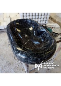 Resim Bursa Siyah Mermer Bombeli Dikdörtgen Lavabo - Batarya Çıkışlı Siyah 