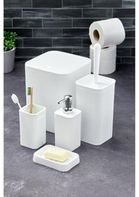 Resim Line 5 Parça Kare Banyo Seti - Çöp Kovası Wc Fırçası Sıvı-katı Sabunluk Diş Fırçası Beyaz 
