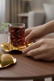 Resim Sarmaşık Dekorlu Çelik Tabaklı 18 Parça Modern Cam Çay Takımı Premium Sunum Seti Şeffaf 