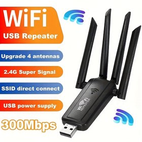 Resim OEKE-1 WiFi USB Repetörü 4 Anten ile - 2.4GHz Kablosuz Genişletici, 300Mbps Veri Hızı, 2.4G Süper Sinyal, SSID Direkt Bağlantı, Ev ve Ofis Kullanımı İçin İdeal, Ofis Wi-Fi Aksesuarı | Şık Siyah Tasarım | USB Güçlü Amplifikatör, WiFi Sinyal Yükseltici 