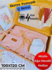 Resim 4 Kat Müslin Mint Yeşil Saçaklı Bebek Battaniyesi 100x120 Cm- %100 Pamuklu & Çok Amaçlı Battaniye Sütlü Kahve 