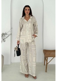 Resim Asprin Fashion Geometrik Desen Modal Saten Takım Beyaz Beyaz 