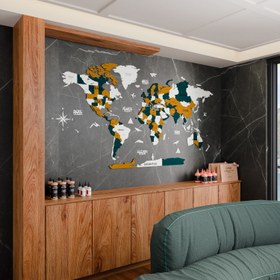 Resim 3D Ahşap Dünya Haritası - Altın, Mavi ve Krem Modern Duvar Dekoru - 250x135 cm / Türkçe 