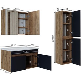 Resim ROOMART '' Lavabolu '' Atlantik - Antrasit Mat Mdf 85 Cm Alt Dolap Aynalı Üst Dolap Boy Dolap 