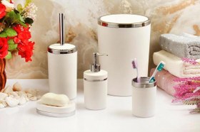 Resim 5 Parça Akrilik Gümüş Çizgi Soft Yuvarlak Banyo Seti Mat Beyaz 