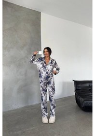 Resim Gizotti Çiçek Desen Dijital Baskılı Uzun Saten Pijama Xl Çiçek Desenli 