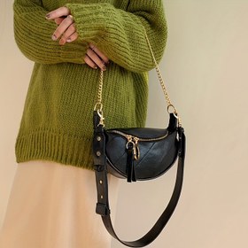 Resim Kadınların Şık Siyah Bel Çantası, Çıkarılabilir Askılı - Moda Çapraz Omuz Çantası, Fermuar Kapatma, Rahat Düz Renk, Polyester Astarlı, Kenar Boyalı, Günlük Çanta | Dikişli Tasarım | Altın Tonlu Kalkan 