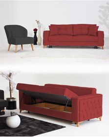 Resim Velura Home & Living Nola Koltuk Takımı 3+1 & Bazalı Yataklı Koltuk & Kanepe - Keten 