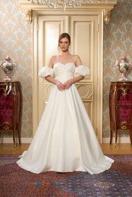 Resim Lenta Wedding Beyaz Işık Saten Sıvama Dantel Detaylı Drapeli Maxi Boy Helen Gelinlik 