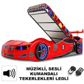 Resim Gt1 - Bazalı Arabalı Yatak - Kumandalı, Sesli, Kırmızı Tek Kişilik 