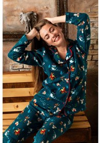 Resim Nisanca Kışlık Yılbaşı Desenli Kadın Gömlek Polar Pijama Takımı- Geyikli Yılbaşı Pijaması Yesil 