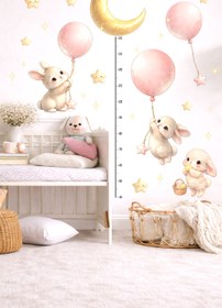Resim Pembe Balonlu Tavşanlar - Ay Işığında Büyüme Yolculuğu | Boy Ölçer Çocuk Odası Duvar Sticker - 114x40 cm / Renkli / Boy Ölçer 