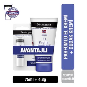 Resim Neutrogena Norveç Formülü Parfümlü El Kremi 75 ml + Besleyici Dudak Nemlendiricisi 4.8 gr 