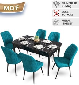 Resim Canisa Mun Serisi, 80x132 Açılabilir Mdf Siyah Mermer Desen Yemek Masası Takımı, 6 Turkuaz Sandalye 