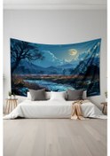 Resim Ay Işığı Nehir Manzarası Desenli Duvar Halısı Duvar Örtüsü Tapestry Süet Dokulu Kumaş 