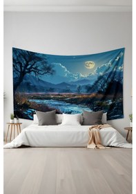 Resim Ay Işığı Nehir Manzarası Desenli Duvar Halısı Duvar Örtüsü Tapestry Süet Dokulu Kumaş 