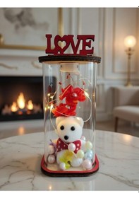 Resim Köşeli Cam Fanus Love Yazılı Işıklı Ledli Fanus 15 Cm Kırmızı 