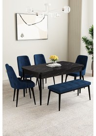 Resim Mabel Siyah Mermer Desen 80x132 Açılabilir Yemek Odası Takımı 4 Sandalye, 1 Bench Lacivert 