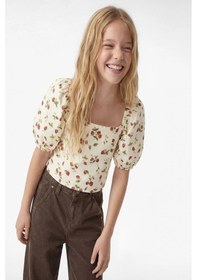 Resim Koton Kız Çocuk Keten Viskon Karışımlı Gipeli Slim Fit Poplin Kare Yaka Crop Balon Kollu Çilek Desenli Bluz Kirmizi 