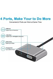 Resim Coverzone Type-c Hdmi Vga Usb 3.0 Type 4in1 Video Dönüştürücü Veri Aktarım Usb Adaptör Notebook Macbook Uyumlu 
