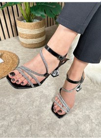 Resim Günlük Kadın Abiye Ayarlanabilir Tokalı Rahat Taşlı Yüksek Kalın Kadeh Topuklu Ayakkabı 6300 Siyah Rugan 