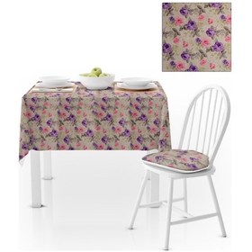 Resim Gül Desenli Pembe Mor Dijital Baskılı Süet Dokuma Masa Örtüsü 140x220 