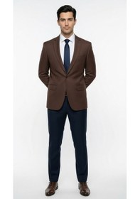 Resim Plus Scorpion Erkek Blazer Ceket Twill Dokuma Likralı Notch Yaka 1 Düğmeli Çift Yırtmaçlı Slim Fit Kahverengi 