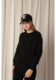 Resim Üç İplik Sıfır Yaka Çimalı Kadın Siyah Sweat Çok Renkli 