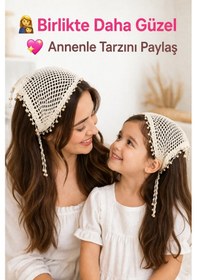 Resim Anne Kız Kombin Bandana El Örgüsü Saç Bandı Bohem Stil Ayarlanabilir 2li Set Bej 