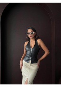 Resim Cemo Ön Fermuarlı Suni Deri Yelek Siyah 