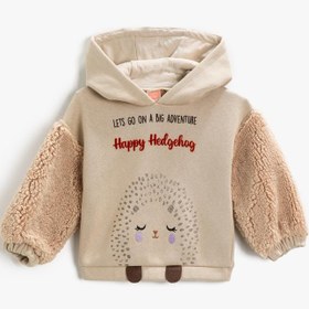 Resim Kız Bebek Kapüşonlu Baskılı Peluş Kol Sweatshirt Pamuklu 