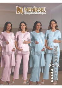 Resim Nehirsel 2023 Mavi Hamile Lohusa 3 Lü Pijama Sabahlık Tk 001 