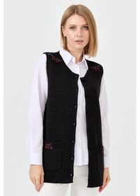 Resim Desen Triko Kadın Sıfır Yaka Omzu Ve Cep Kapağı Keçeli İşlemeli Düğmeli Yelek 0242113 Siyah 