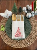 Resim Kırmızı Yaldızlı Beyaz Cepli Çam Ağacı Peçete 12 Adet 40x40 