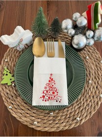 Resim Kırmızı Yaldızlı Beyaz Cepli Çam Ağacı Peçete 12 Adet 40x40 