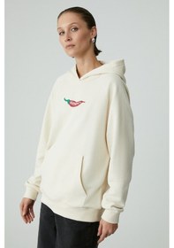 Resim Grimelange CHILLI Kadın Oversize Şardonlu Kapüşonlu Baskılı Kanguru Cepli Ekru Sweatshirt 