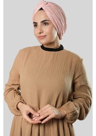Resim Hürrem Bone Pudra Çapraz Büzgülü Piliseli Tesettür Bone Fukuro Kendinden Desenli 2316 06 Pudra 