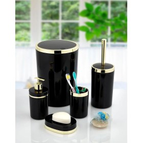 Resim Imera Akrilik Yapım Gold Çizgi Banyo Takımı 5'li Yuvarlak Banyo Seti Siyah 